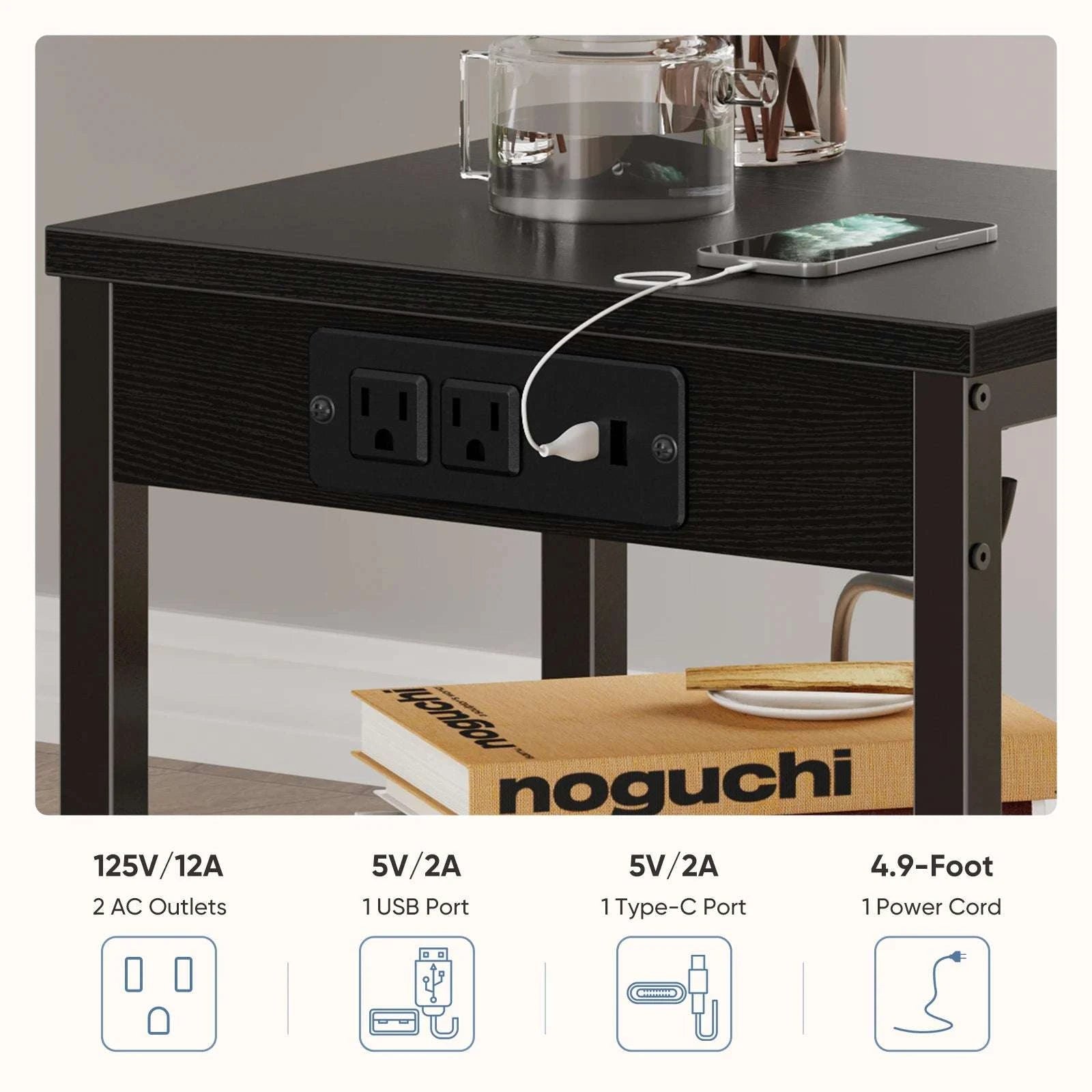 3-Tier Side Table with Charging Station and Adjustable Shelves-1Pack Rust / United States