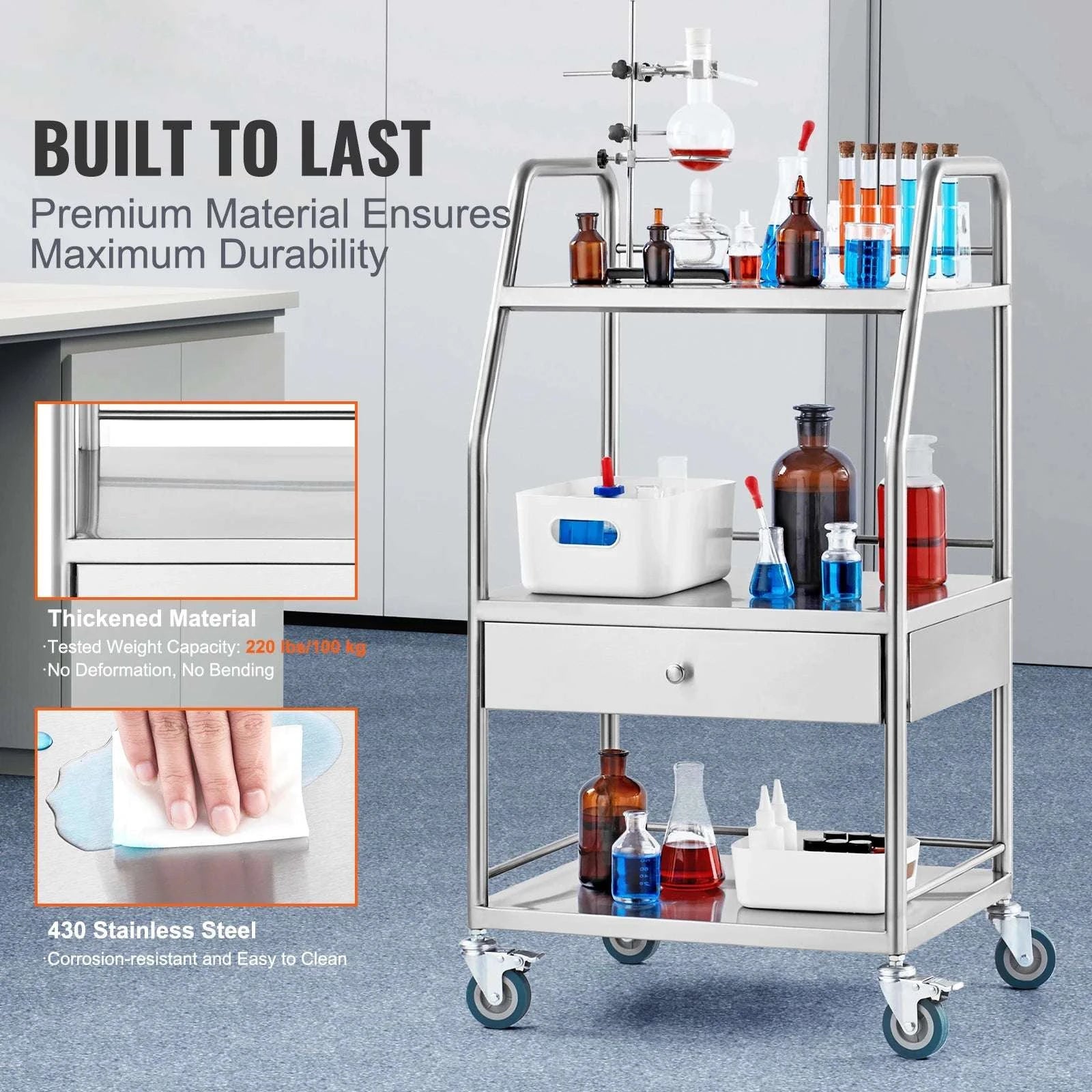 3-Tier Stainless Steel Rolling Lab Cart with Drawer & Locking Wheels-Plain colour / United States