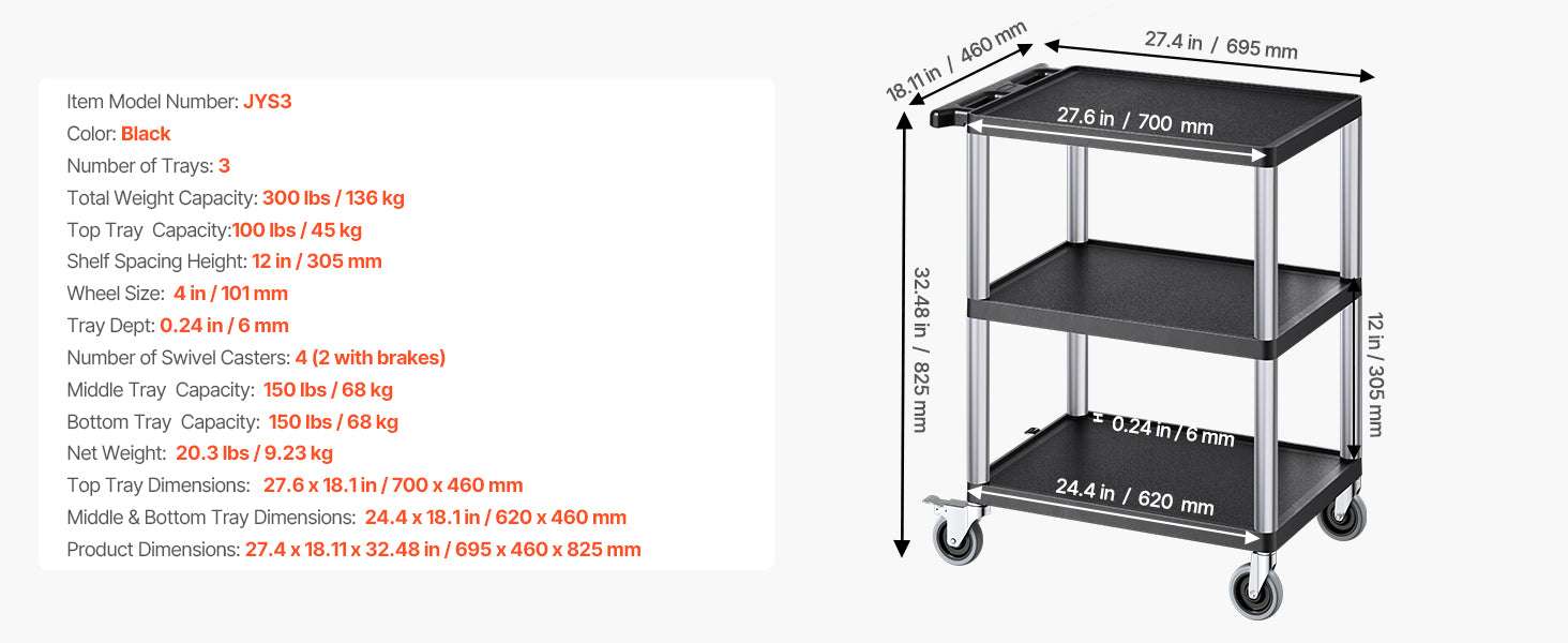 3-Tier Utility Service Cart 300lb Capacity with Swivel Wheels-300 lbs / United States