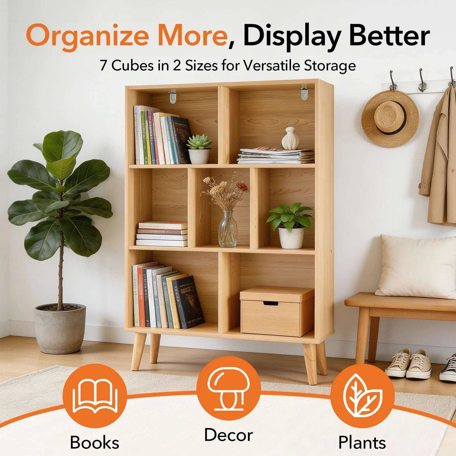 3 Tier Wooden Bookshelf with 7 Cubes and Adjustable Layout-Wood / United States