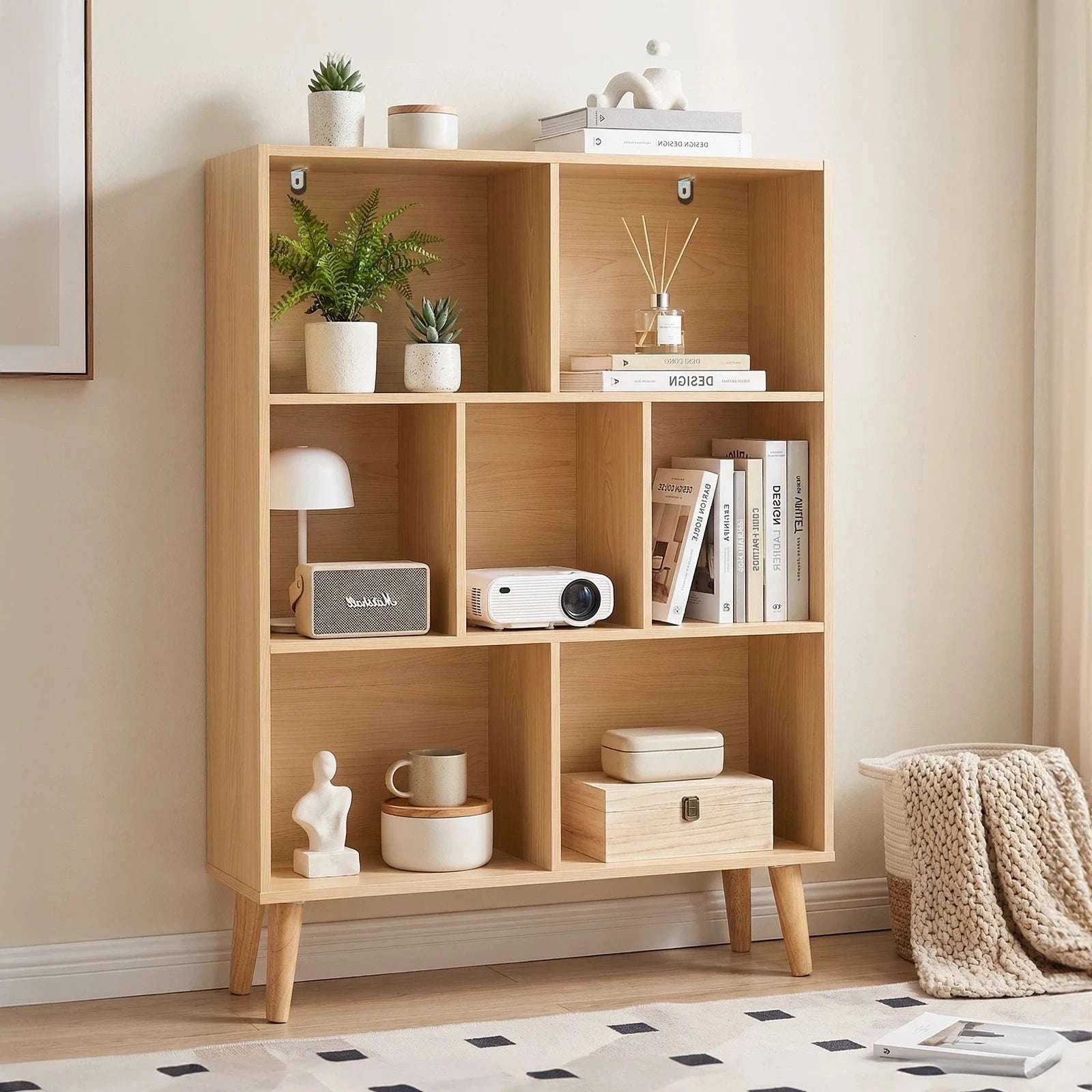 3 Tier Wooden Bookshelf with 7 Cubes and Adjustable Layout-Wood / United States