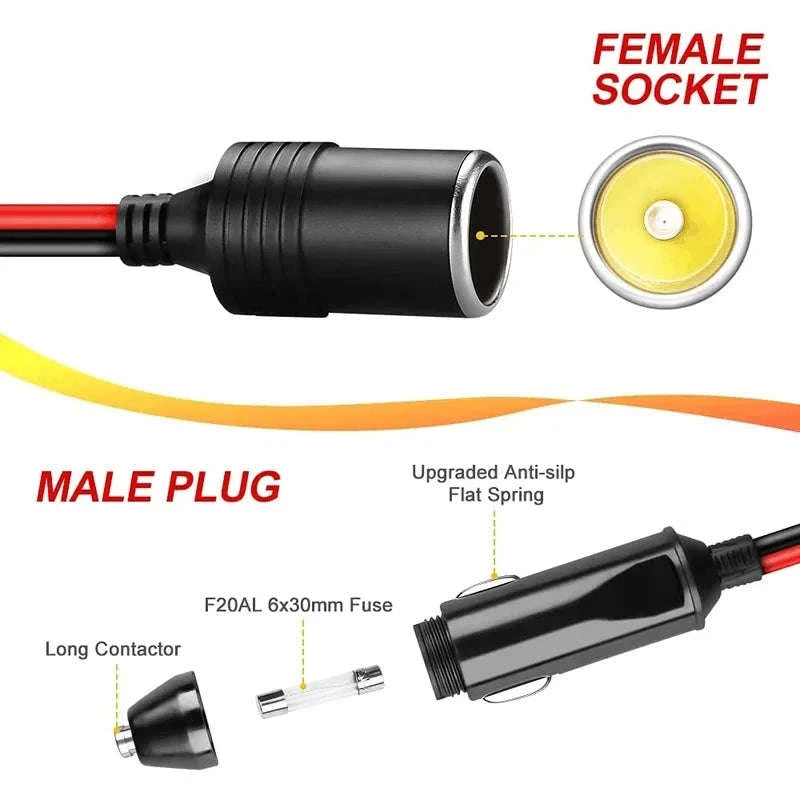 3-Way Car Cigarette Lighter Socket Splitter 12V/24V Extension Cable-1 to 3