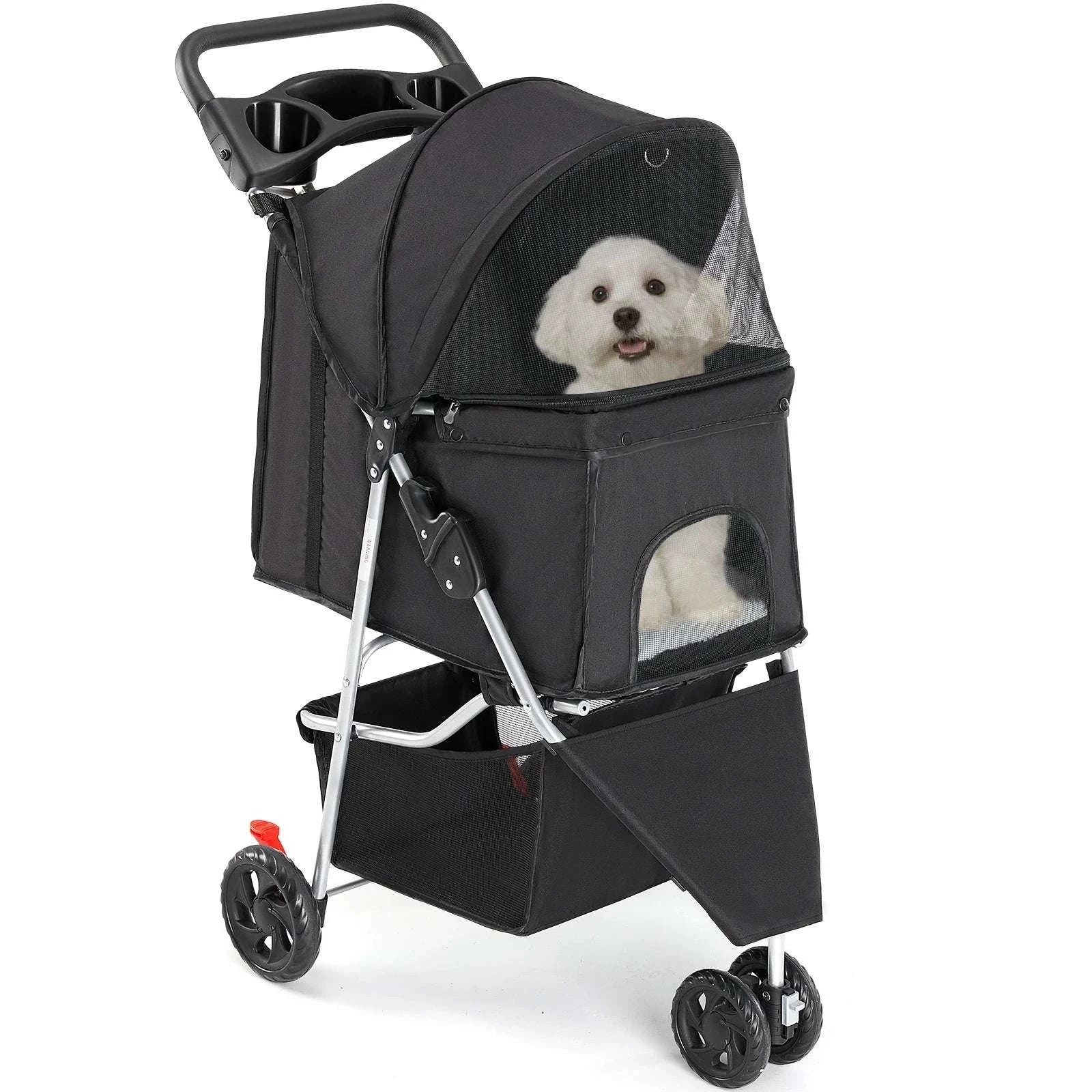 3-Wheel Foldable Pet Stroller with Storage & Mesh Windows-GRAY / United States