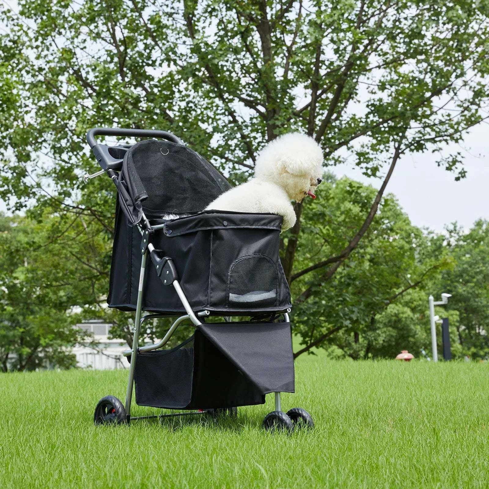 3-Wheel Foldable Pet Stroller with Storage & Mesh Windows-GRAY / United States