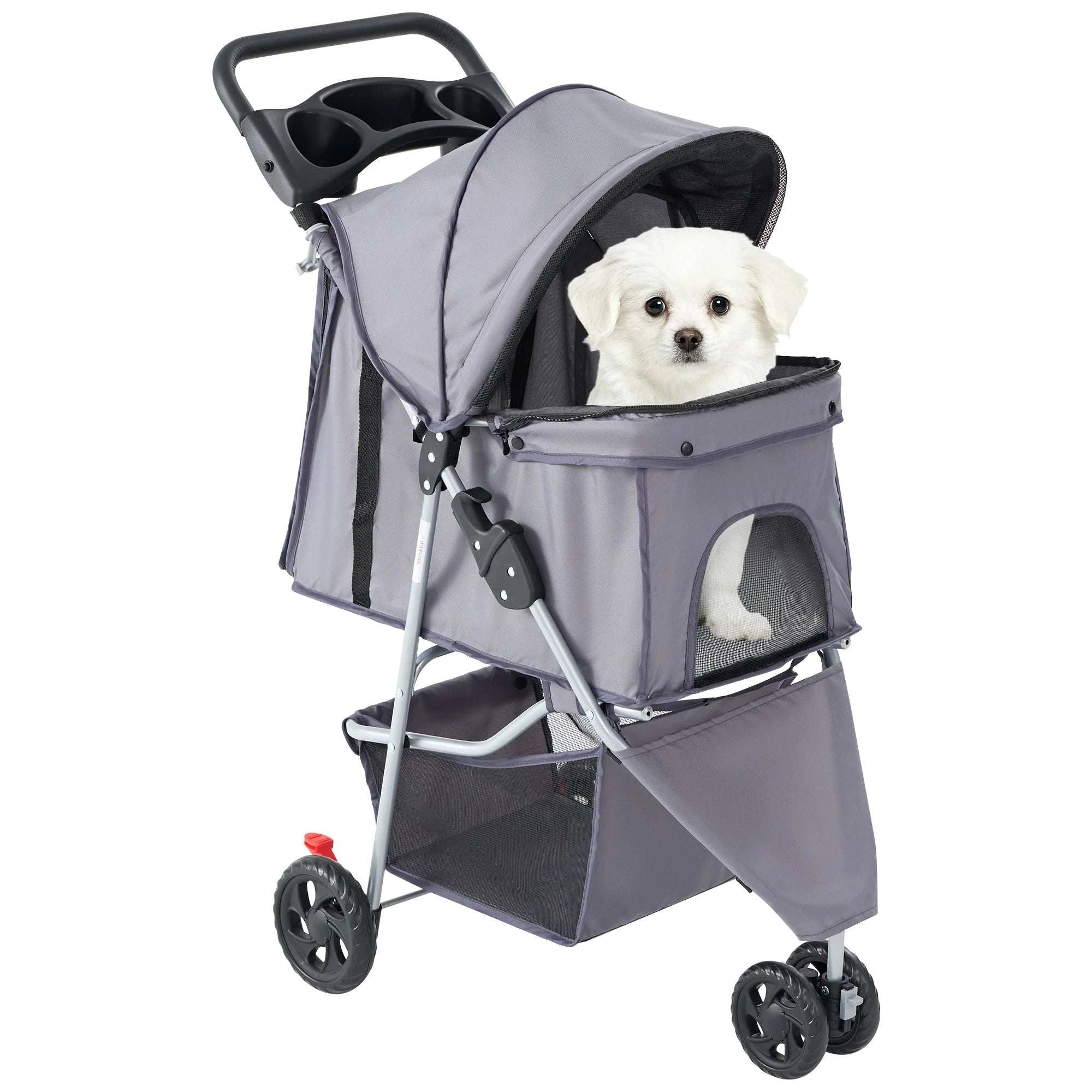 3-Wheel Foldable Pet Stroller with Storage & Mesh Windows-GRAY / United States