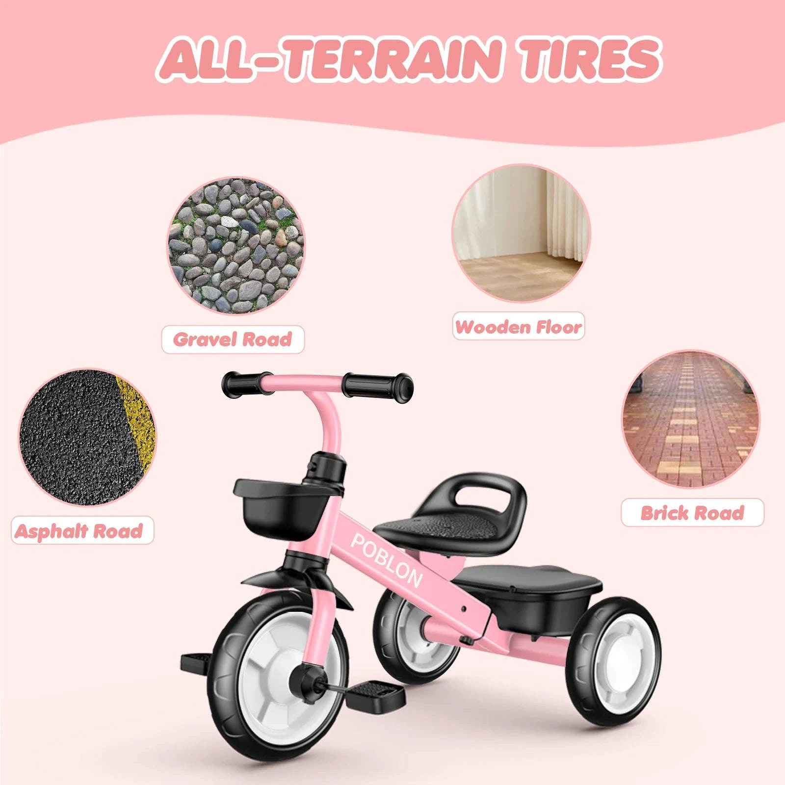 3-Wheel Toddler Balance Bike Adjustable Ride-On Ages 3–6-Pink / france