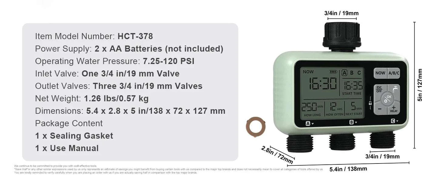 3-Zone Hose Water Timer with LCD, Rain Delay & Manual Mode-HCT-378 / United States