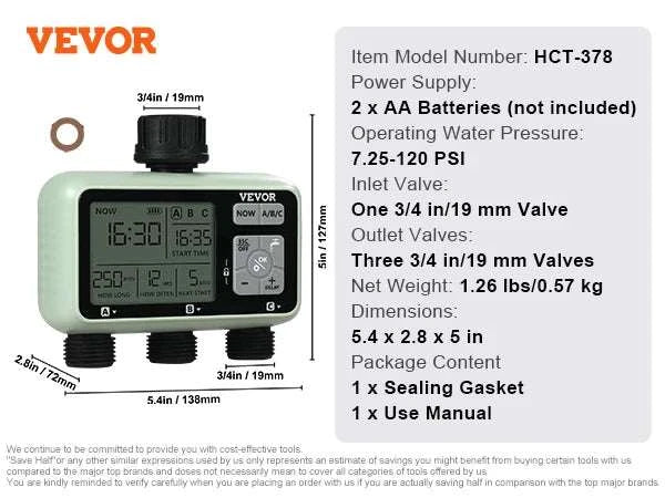 3-Zone Hose Water Timer with LCD, Rain Delay & Manual Mode-HCT-378 / United States
