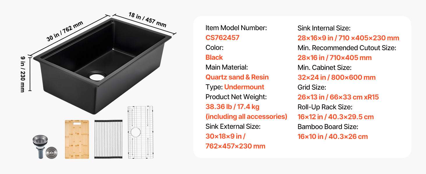 30/33 Inch Granite Kitchen Sink Workstation Single Bowl Undermount-33inch under / france