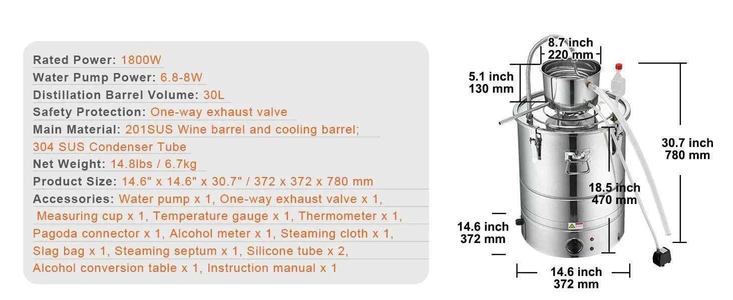30/50L Stainless Steel Alcohol Distiller with Electric Heating-50L / spain