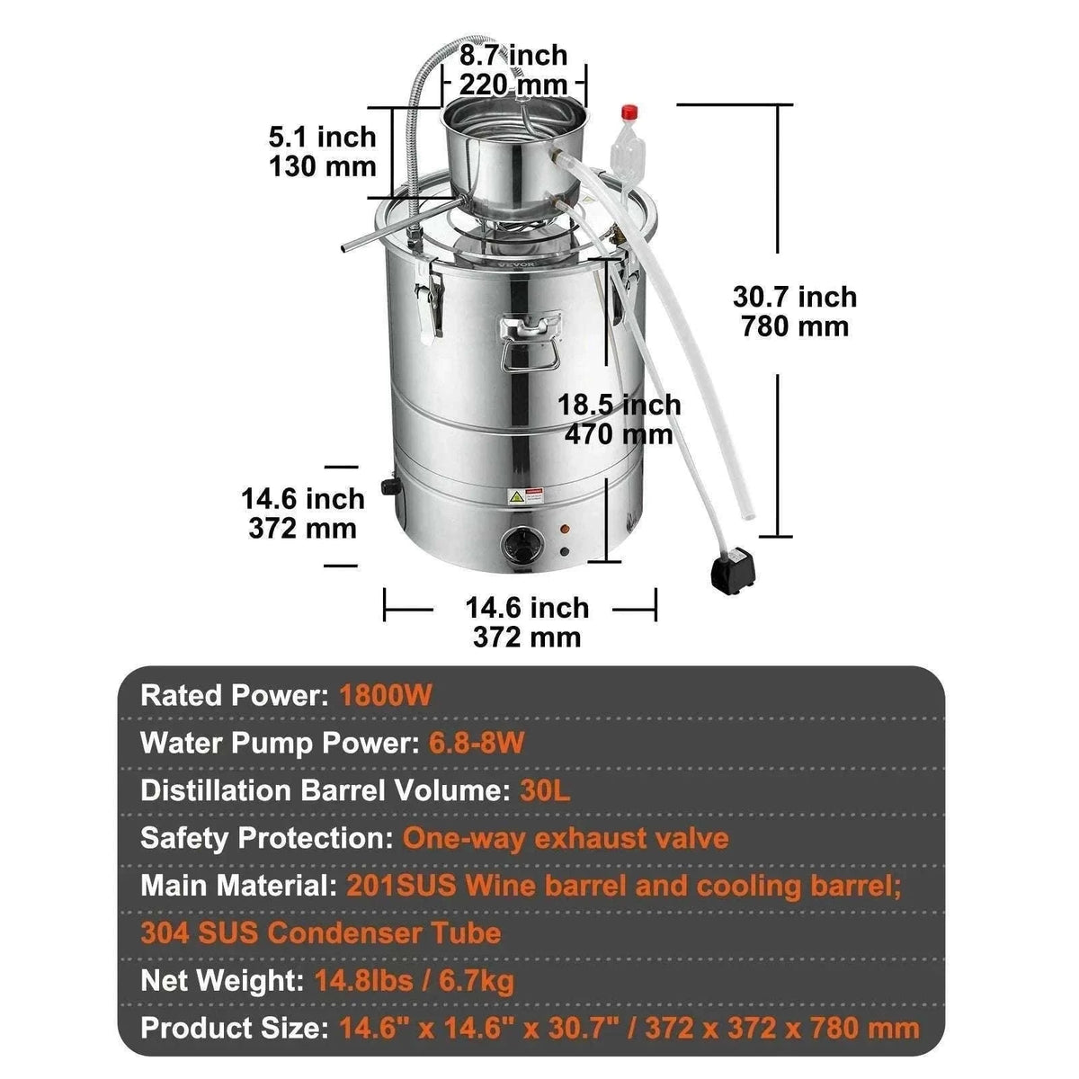 30/50L Stainless Steel Alcohol Distiller with Electric Heating-50L / spain