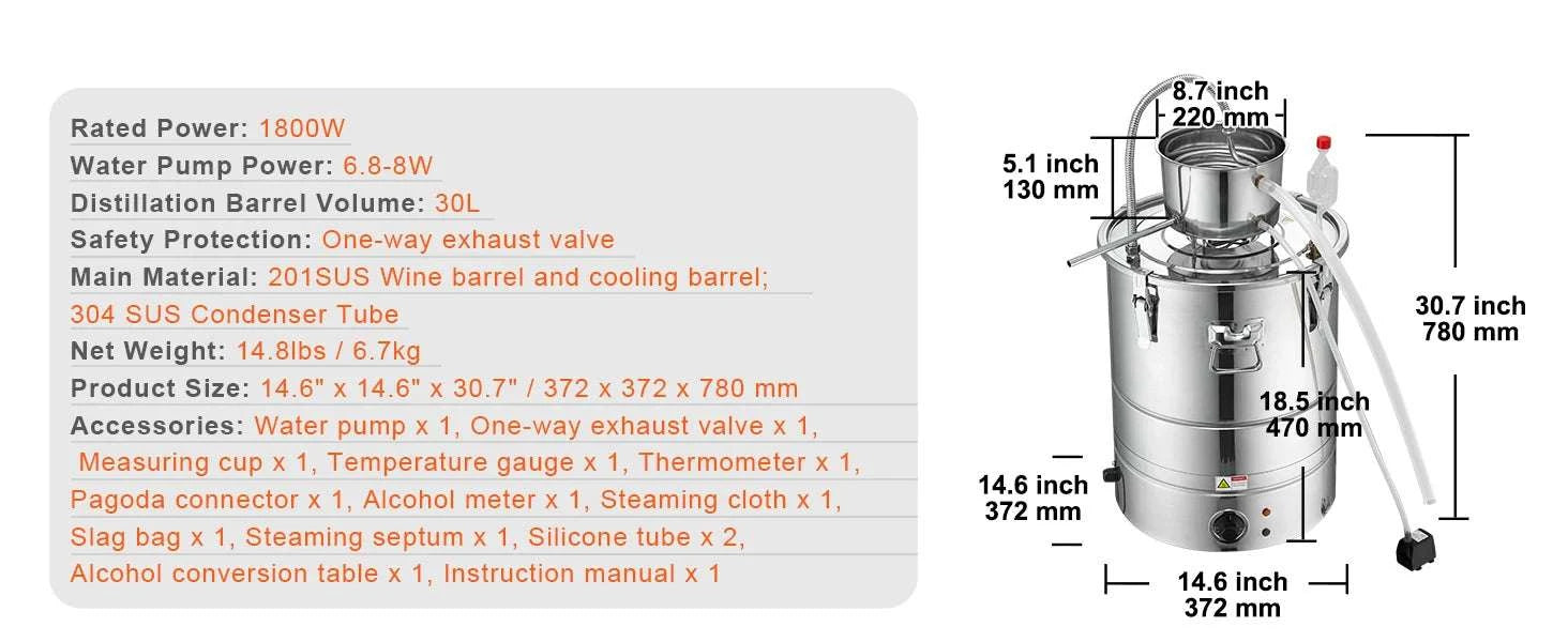 30/50L Stainless Steel Alcohol Distiller with Electric Heating-50L / spain