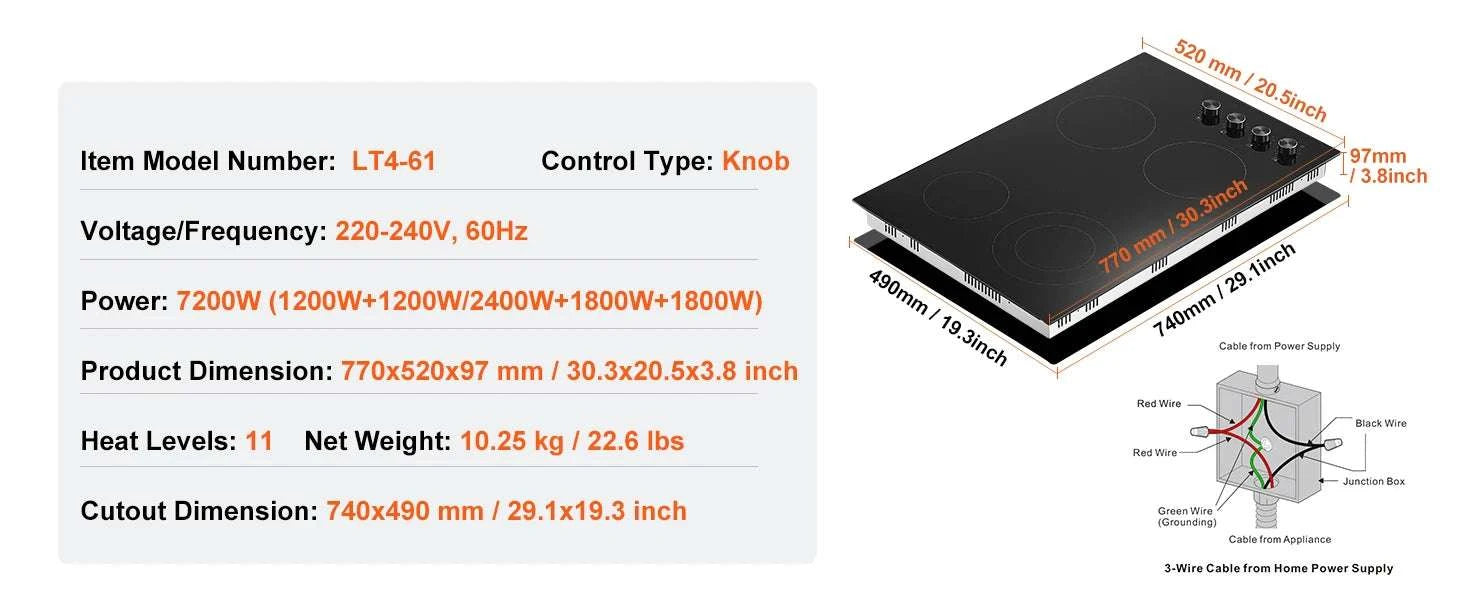 30" Electric Cooktop 4 Burner Ceramic Stove with Knob Control-30 inch 4 Burners / United States