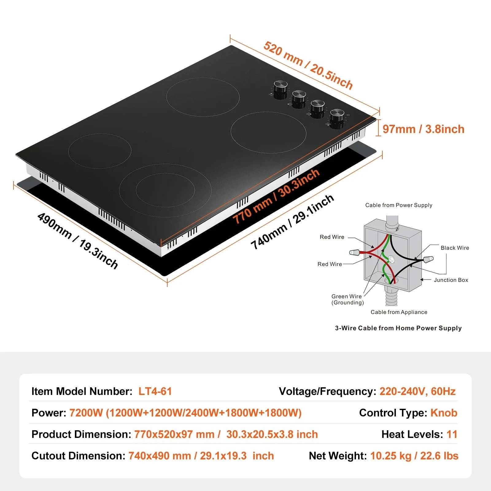 30" Electric Cooktop 4 Burner Ceramic Stove with Knob Control-30 inch 4 Burners / United States