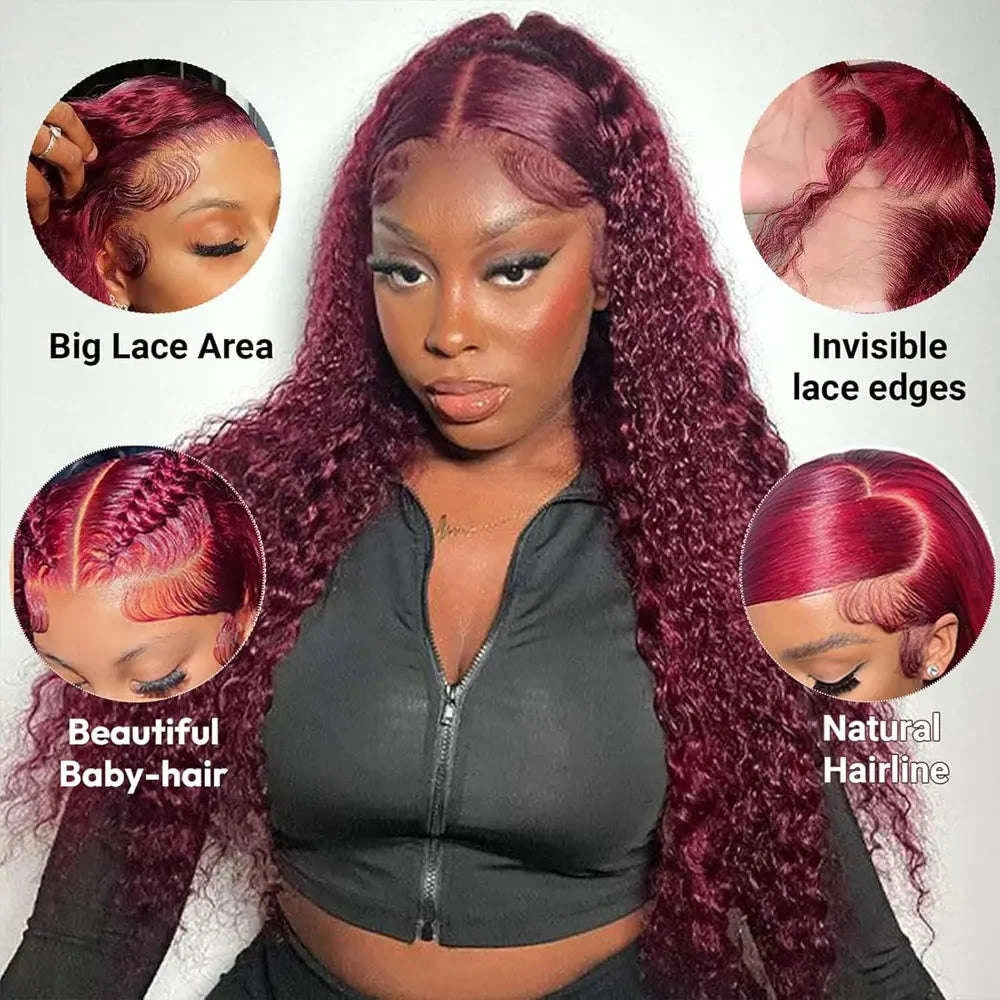 30 Inch Burgundy Deep Wave Lace Front Human Hair Wig 13x4-200% / 20inches / United States|13x4 Lace Wig