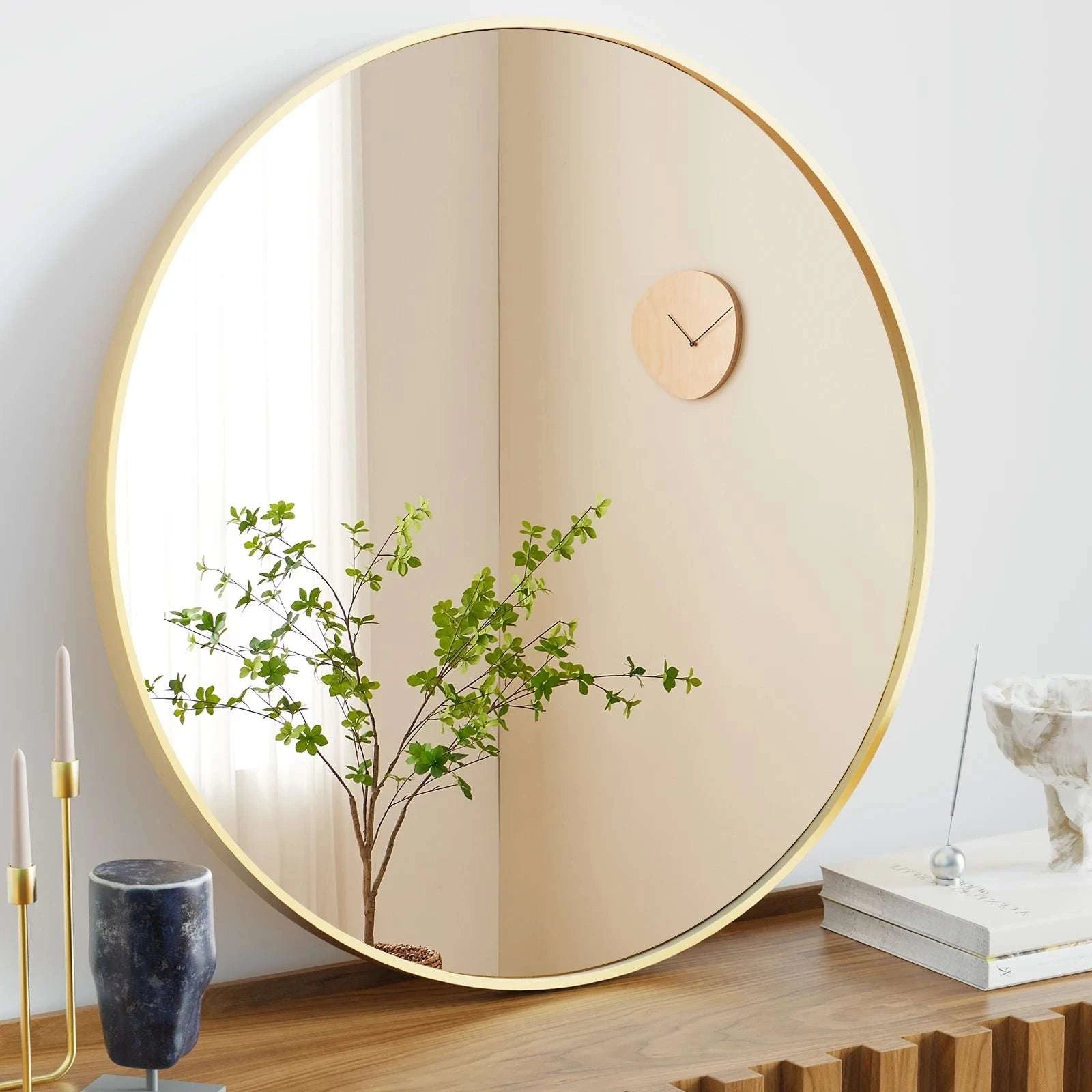 30 Inch Gold Round Wall Mirror with Metal Frame & Clear Glass-20L x 20W Black / United States