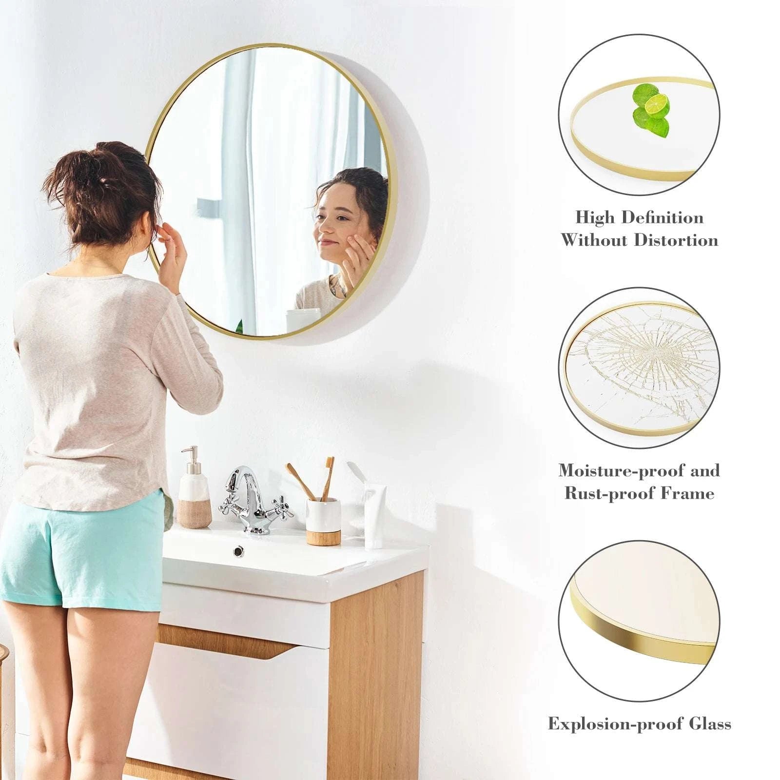30 Inch Gold Round Wall Mirror with Metal Frame & Clear Glass-20L x 20W Black / United States