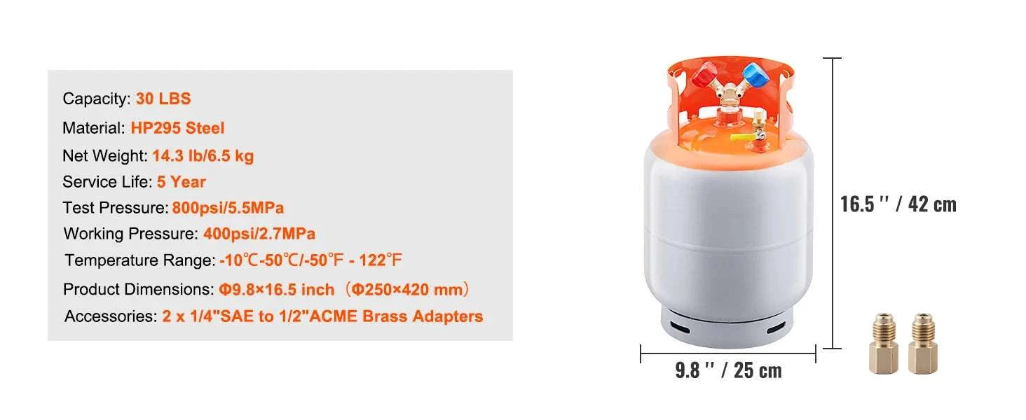 30 lb Refrigerant Recovery Tank 400 PSI Cylinder with Y-Valve-0.25inch / United States