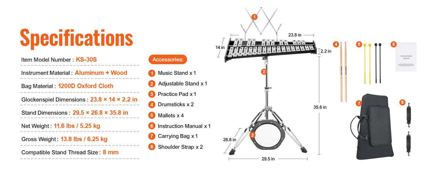 30-Note Glockenspiel Xylophone Bell Kit with Bag & Mallets-With Stand Pad / United States