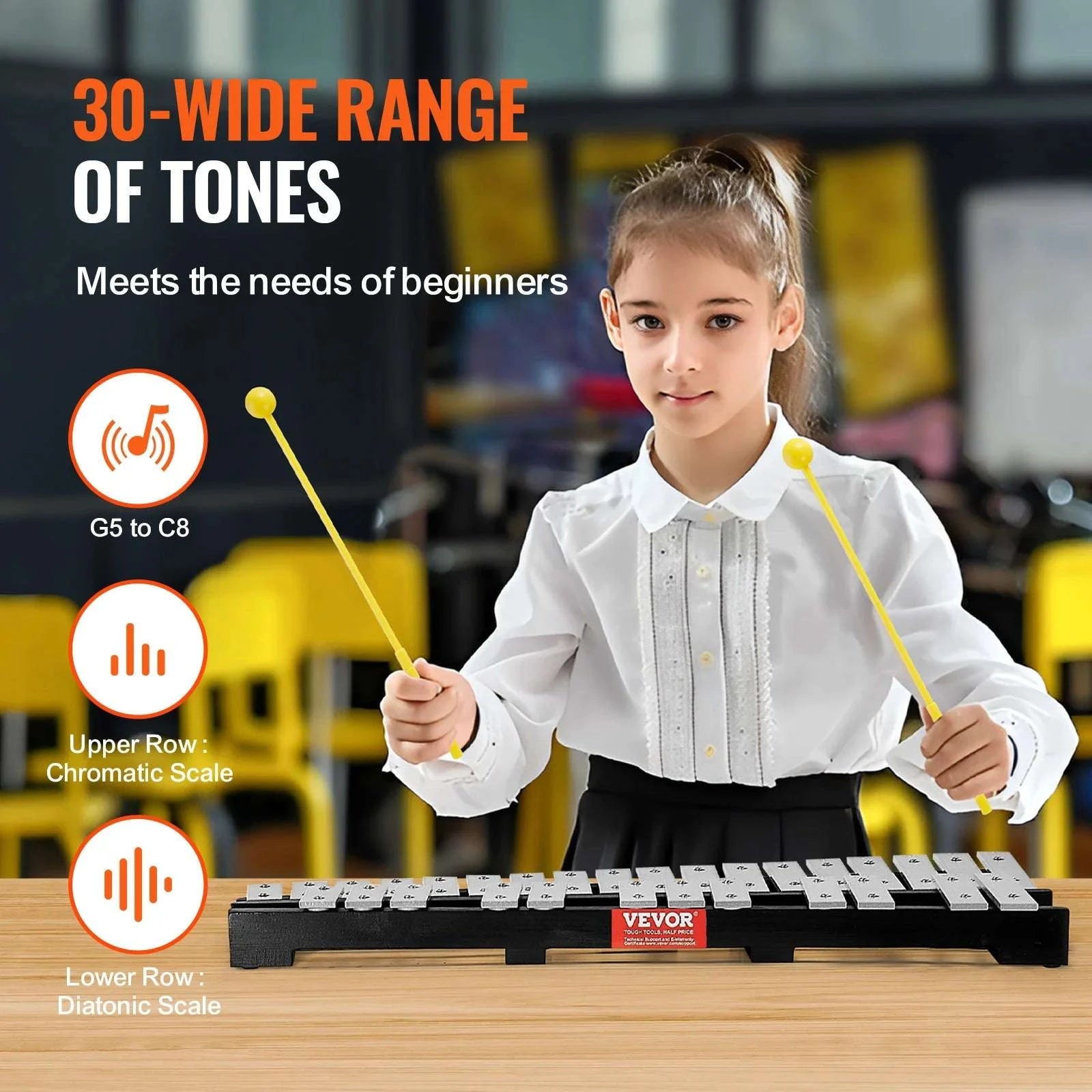 30-Note Glockenspiel Xylophone Bell Kit with Bag & Mallets-With Stand Pad / United States