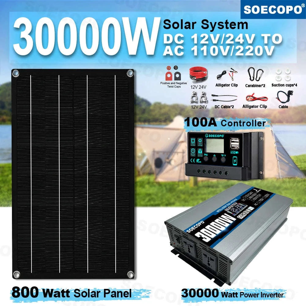 30000W Solar Power System Kit with 800W Panel & 2200W Inverter-12V 24V To 110V 60Hz