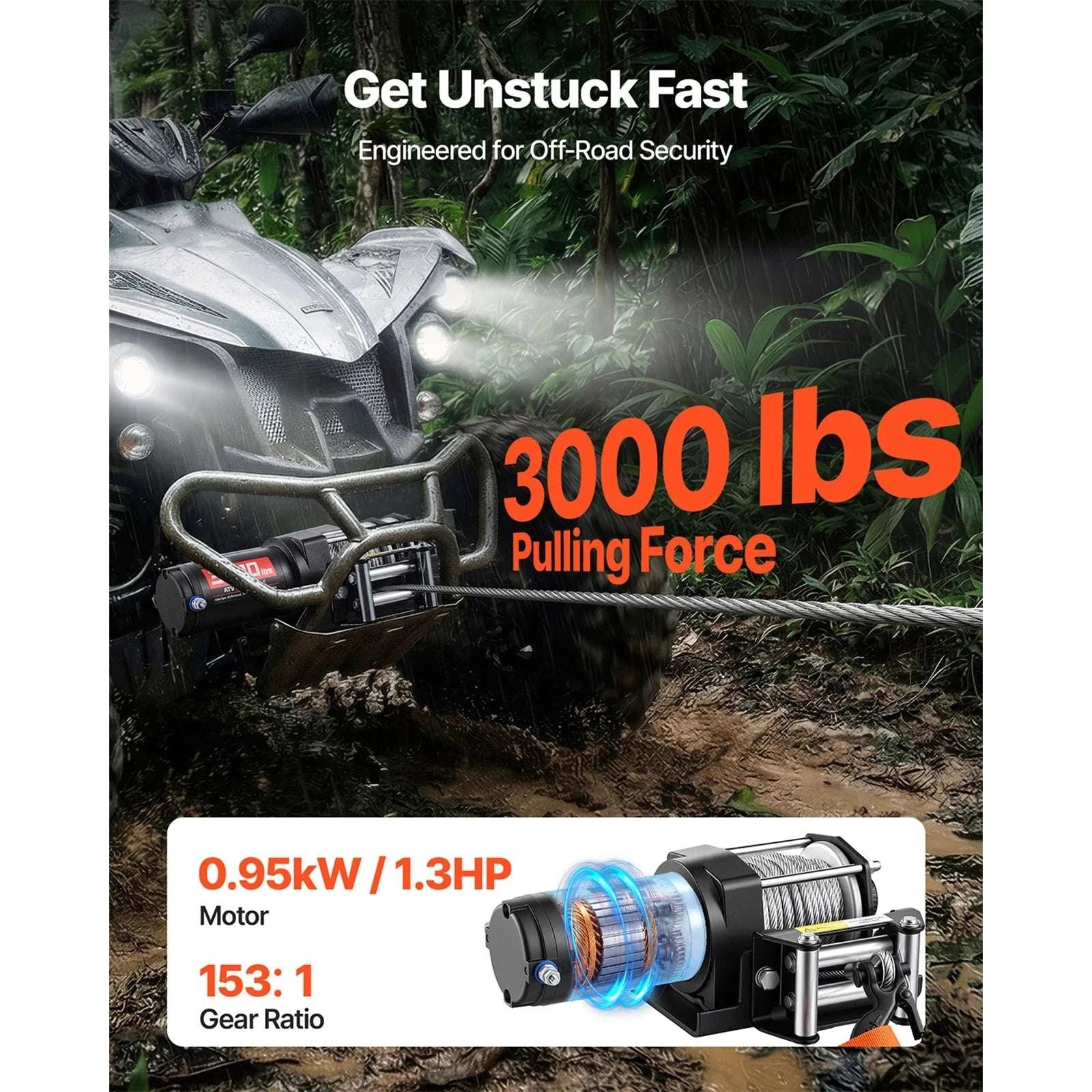 3000lb Electric ATV Winch 12V with Steel Rope & Wired Remote-3000lbs / United States
