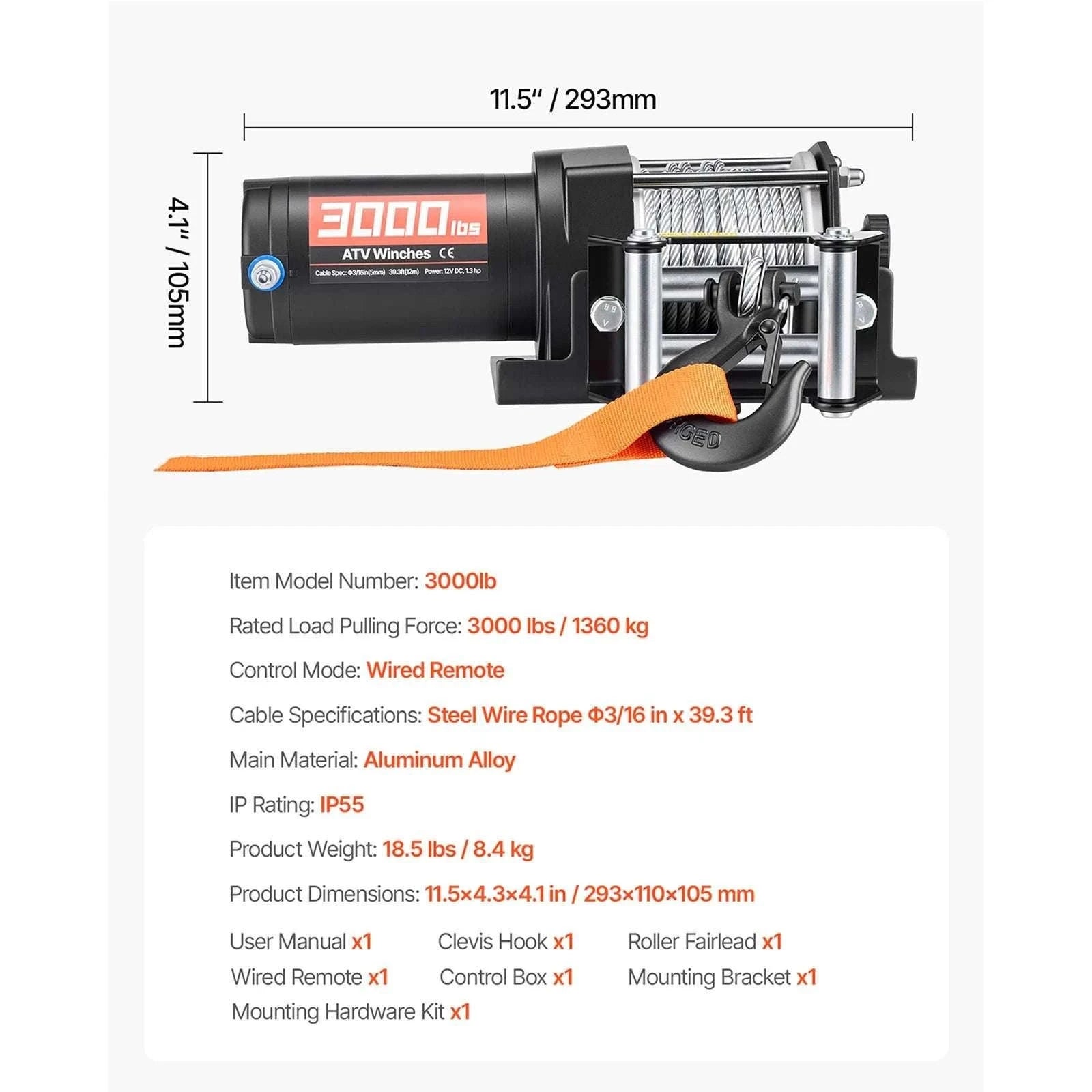 3000lb Electric ATV Winch 12V with Steel Rope & Wired Remote-3000lbs / United States