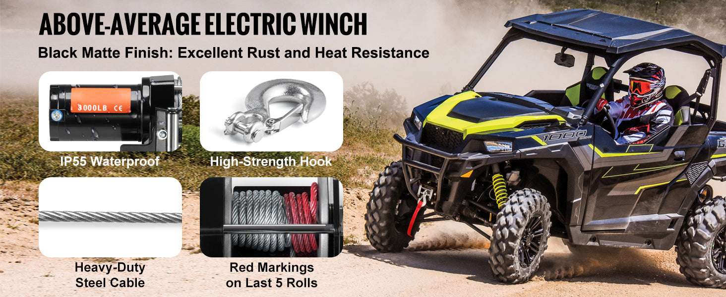 3000lbs ATV Electric Winch with 12V Motor & 39ft Steel Cable-3000lbs 39ft 1.3hp / france
