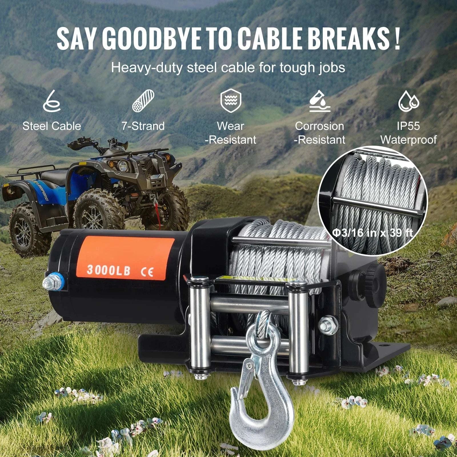 3000lbs ATV Electric Winch with 12V Motor & 39ft Steel Cable-3000lbs 39ft 1.3hp / france