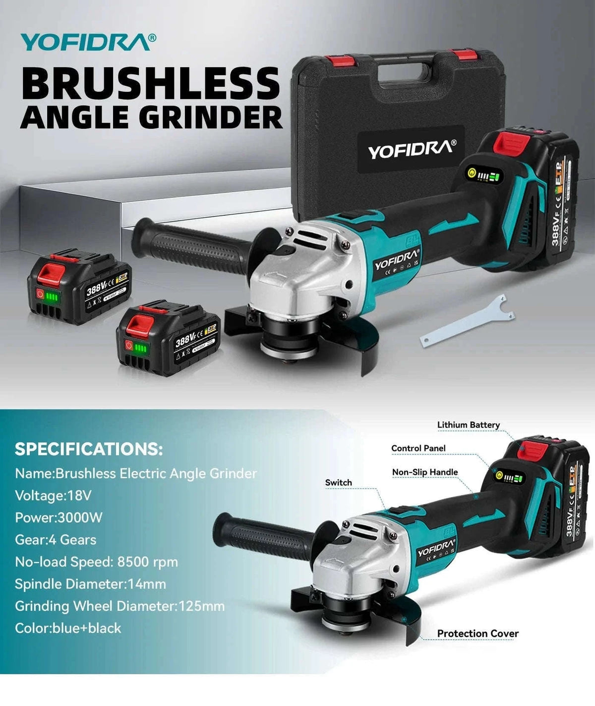 3000W 125mm Brushless Electric Angle Grinder-1 Battery set / UNITED KINGDOM / EU