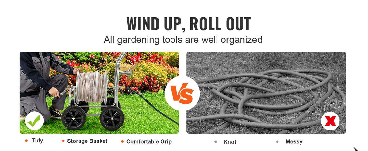 300ft Garden Hose Reel Cart with Wheels, Steel Frame & Crank Handle-300FT / 5/8'' / 200ft|United States