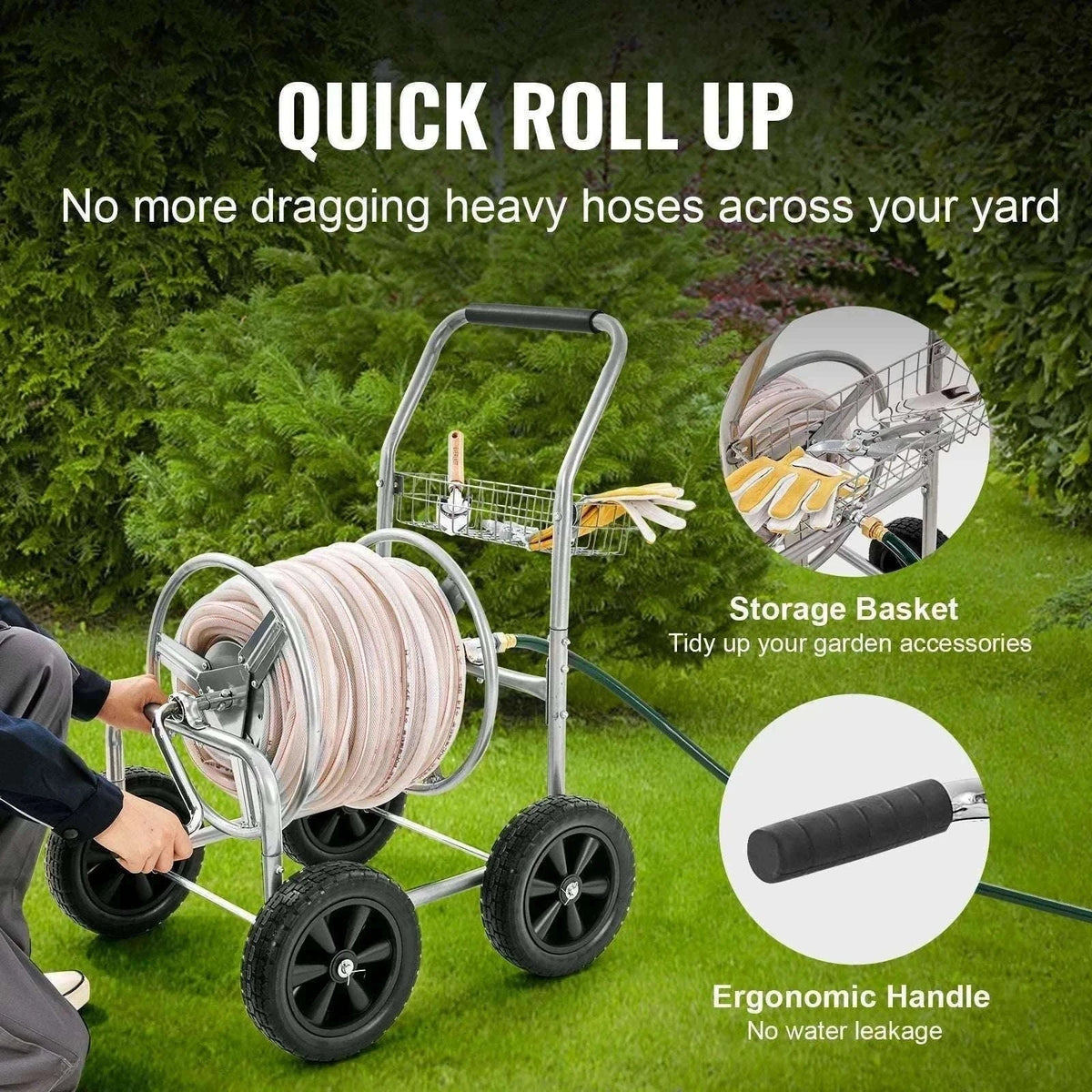 300ft Garden Hose Reel Cart with Wheels, Steel Frame & Crank Handle-300FT / 5/8'' / 200ft|United States