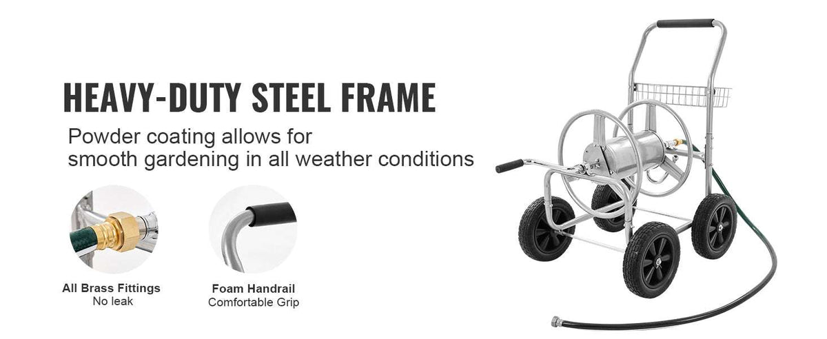 300ft Garden Hose Reel Cart with Wheels, Steel Frame & Crank Handle-300FT / 5/8'' / 200ft|United States