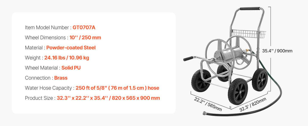 300ft Garden Hose Reel Cart with Wheels, Steel Frame & Crank Handle-300FT / 5/8'' / 200ft|United States