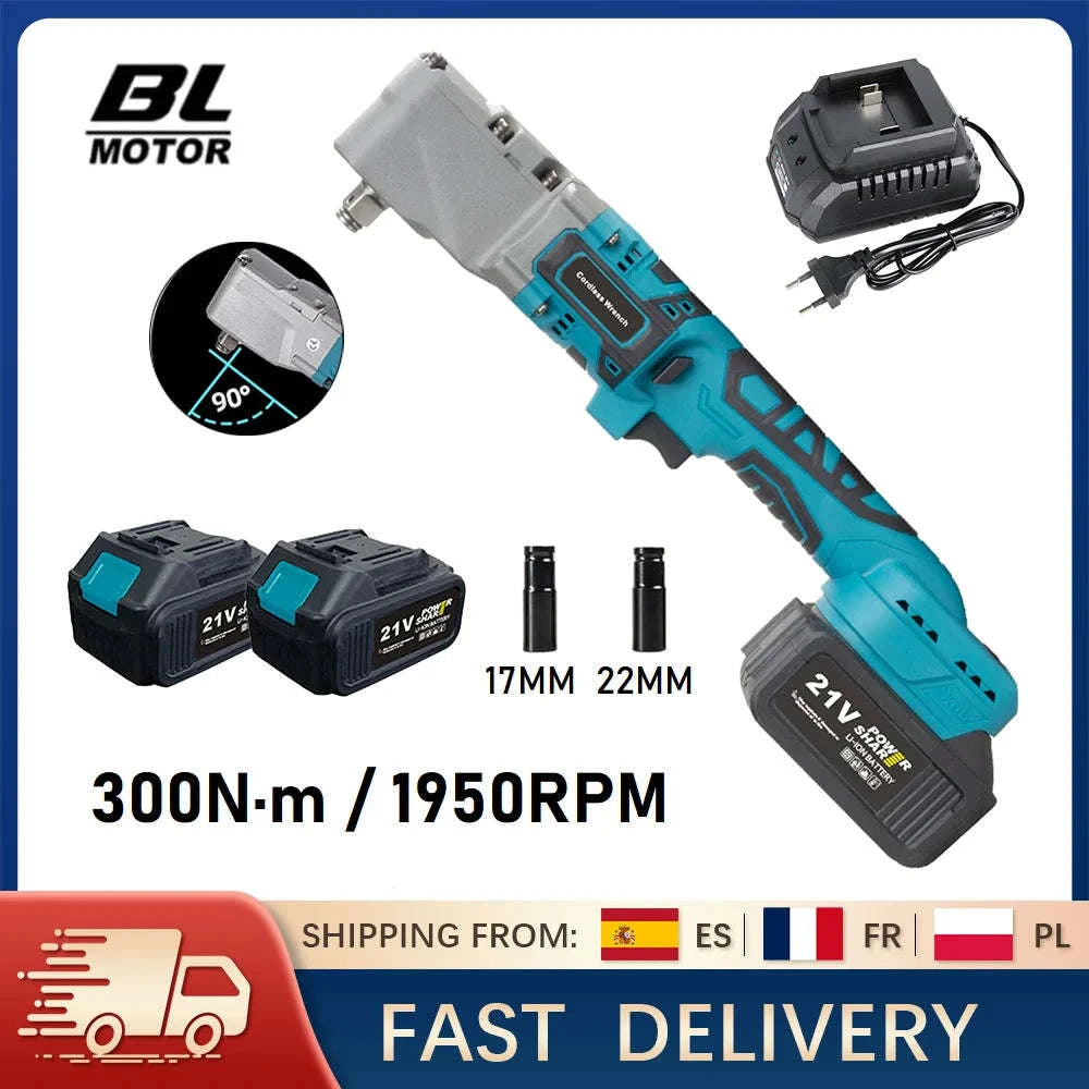 300Nm Cordless Right Angle Ratchet Wrench 90° Brushless 21V-Blue 2 Pcs Batteries / france / EU