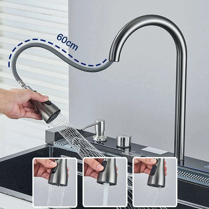 304 Stainless Steel Kitchen Sink with Digital Display Waterfall Faucet-Set A-Brush Gold / United States