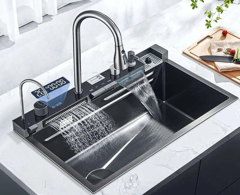 304 Stainless Steel Kitchen Sink with Digital Display Waterfall Faucet-Set A-Brush Gold / United States