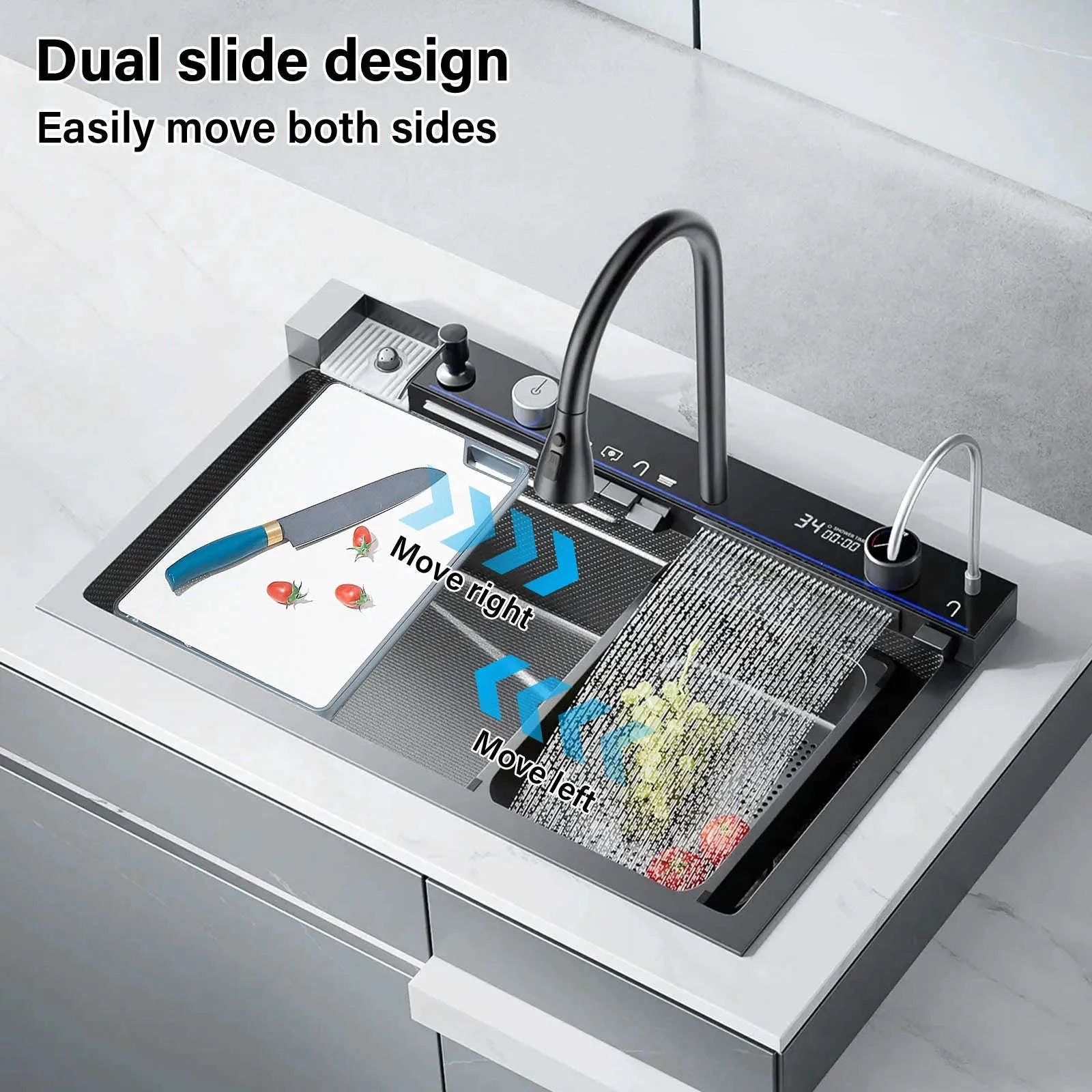 304 Stainless Steel Kitchen Sink with Digital Display Waterfall Faucet-Set A-Brush Gold / United States