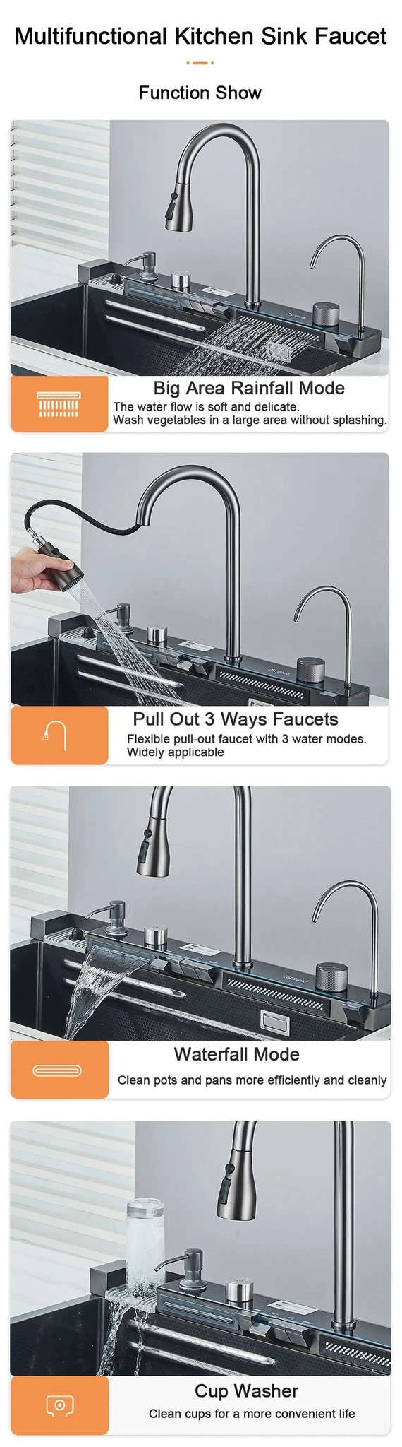 304 Stainless Steel Kitchen Sink with Digital Display Waterfall Faucet-Set A-Brush Gold / United States
