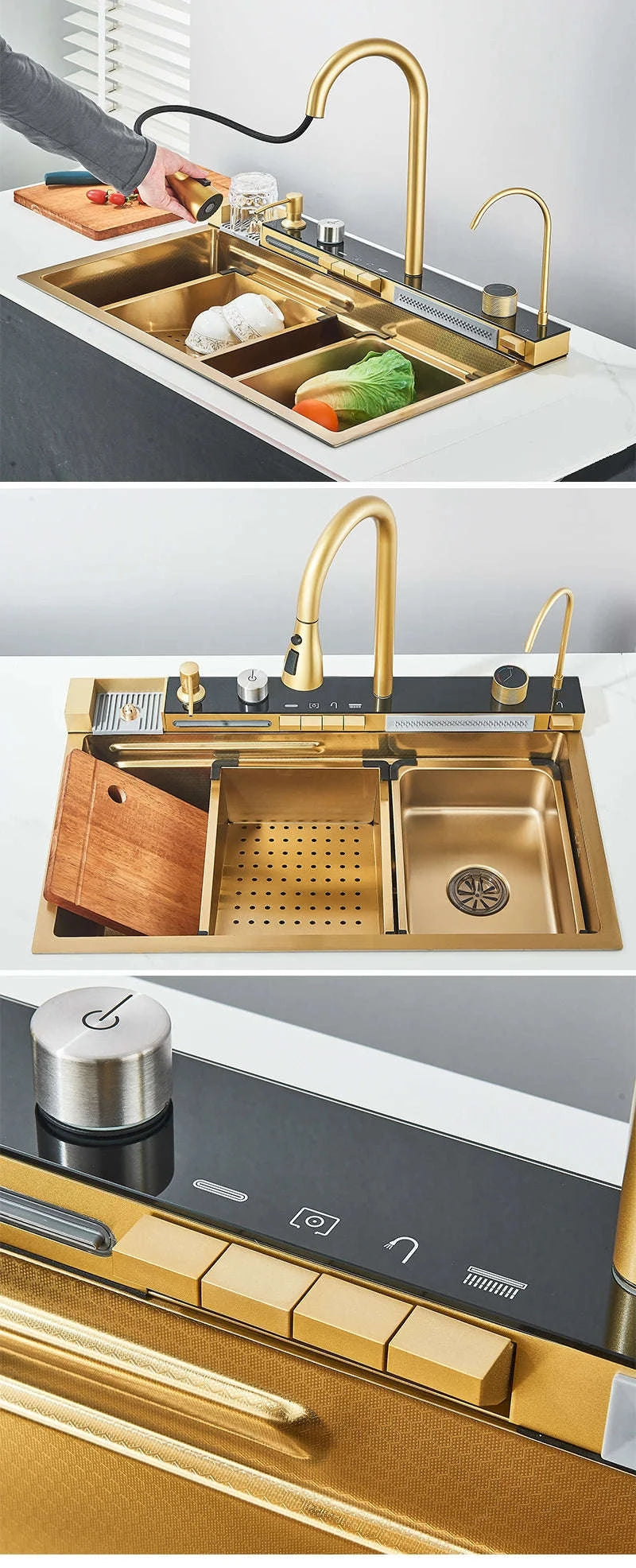 304 Stainless Steel Kitchen Sink with Digital Display Waterfall Faucet-Set A-Brush Gold / United States