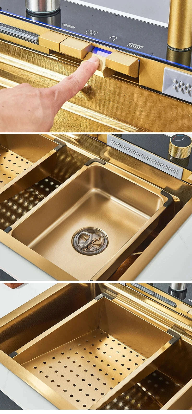 304 Stainless Steel Kitchen Sink with Digital Display Waterfall Faucet-Set A-Brush Gold / United States
