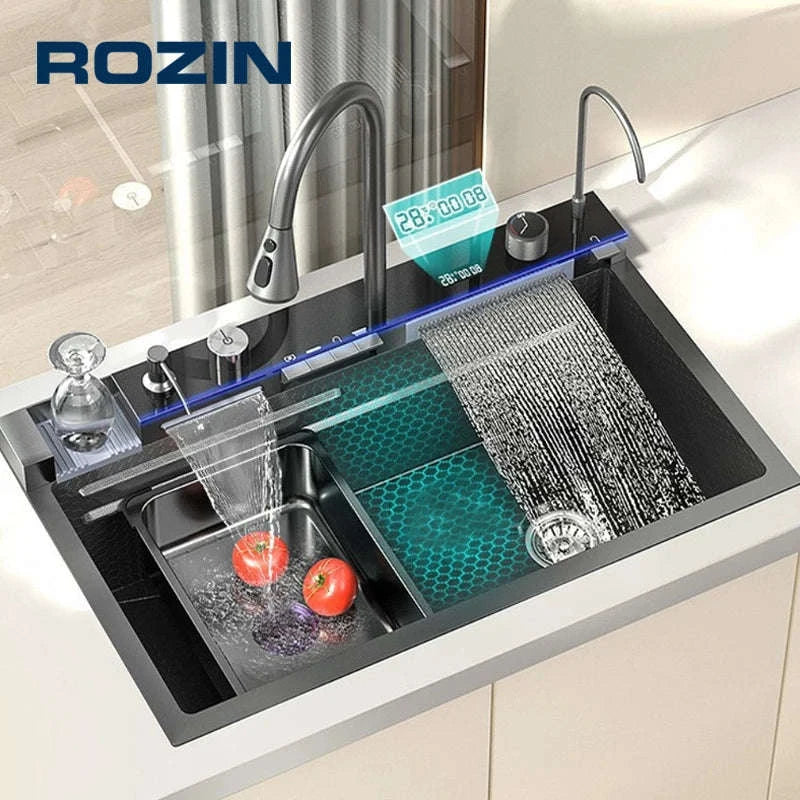 304 Stainless Steel Kitchen Sink with Digital Display Waterfall Faucet-Set A-Brush Gold / United States