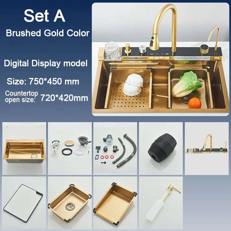 304 Stainless Steel Kitchen Sink with Digital Display Waterfall Faucet-Set A-Brush Gold / United States