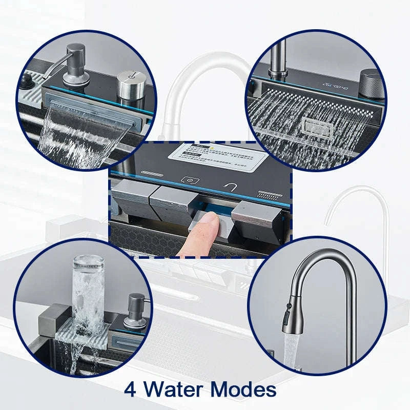 304 Stainless Steel Kitchen Sink with Digital Display Waterfall Faucet-Set A-Brush Gold / United States