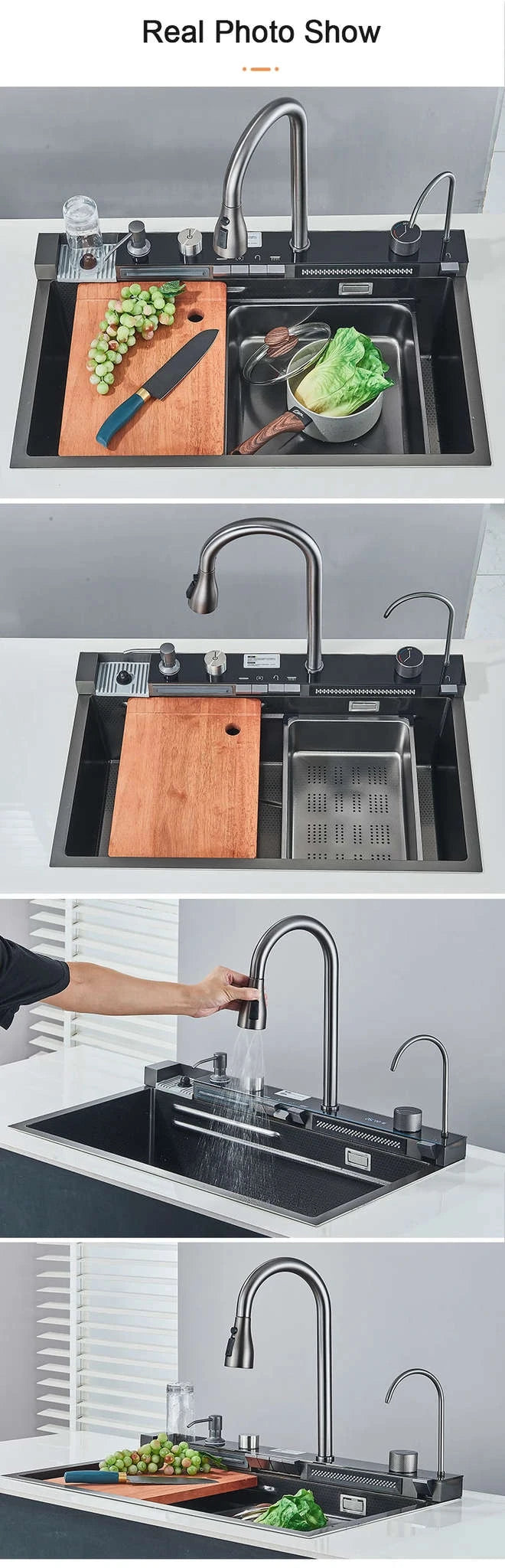 304 Stainless Steel Kitchen Sink with Digital Display Waterfall Faucet-Set A-Brush Gold / United States