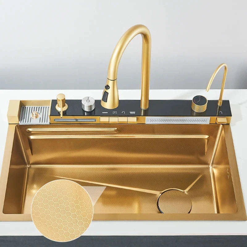 304 Stainless Steel Kitchen Sink with Digital Display Waterfall Faucet-Set A-Brush Gold / United States