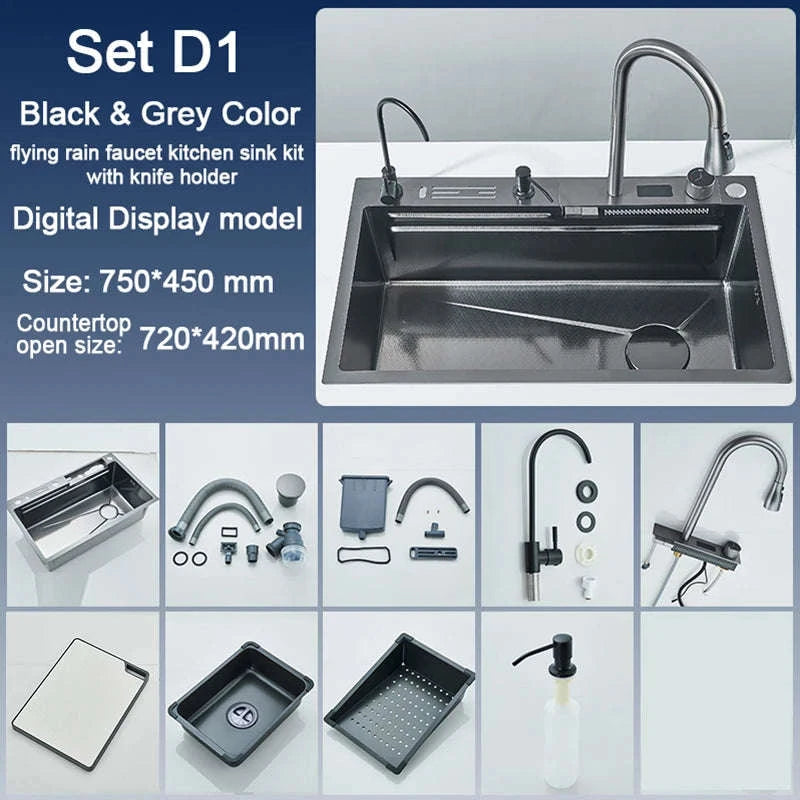 304 Stainless Steel Kitchen Sink with Digital Display Waterfall Faucet-Set A-Brush Gold / United States