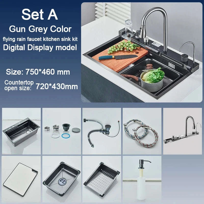 304 Stainless Steel Kitchen Sink with Digital Display Waterfall Faucet-Set A-Brush Gold / United States