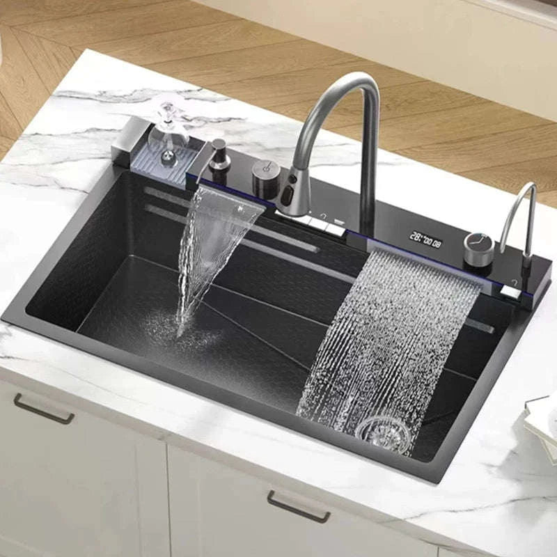 304 Stainless Steel Kitchen Sink with Digital Display Waterfall Faucet-Set A-Brush Gold / United States