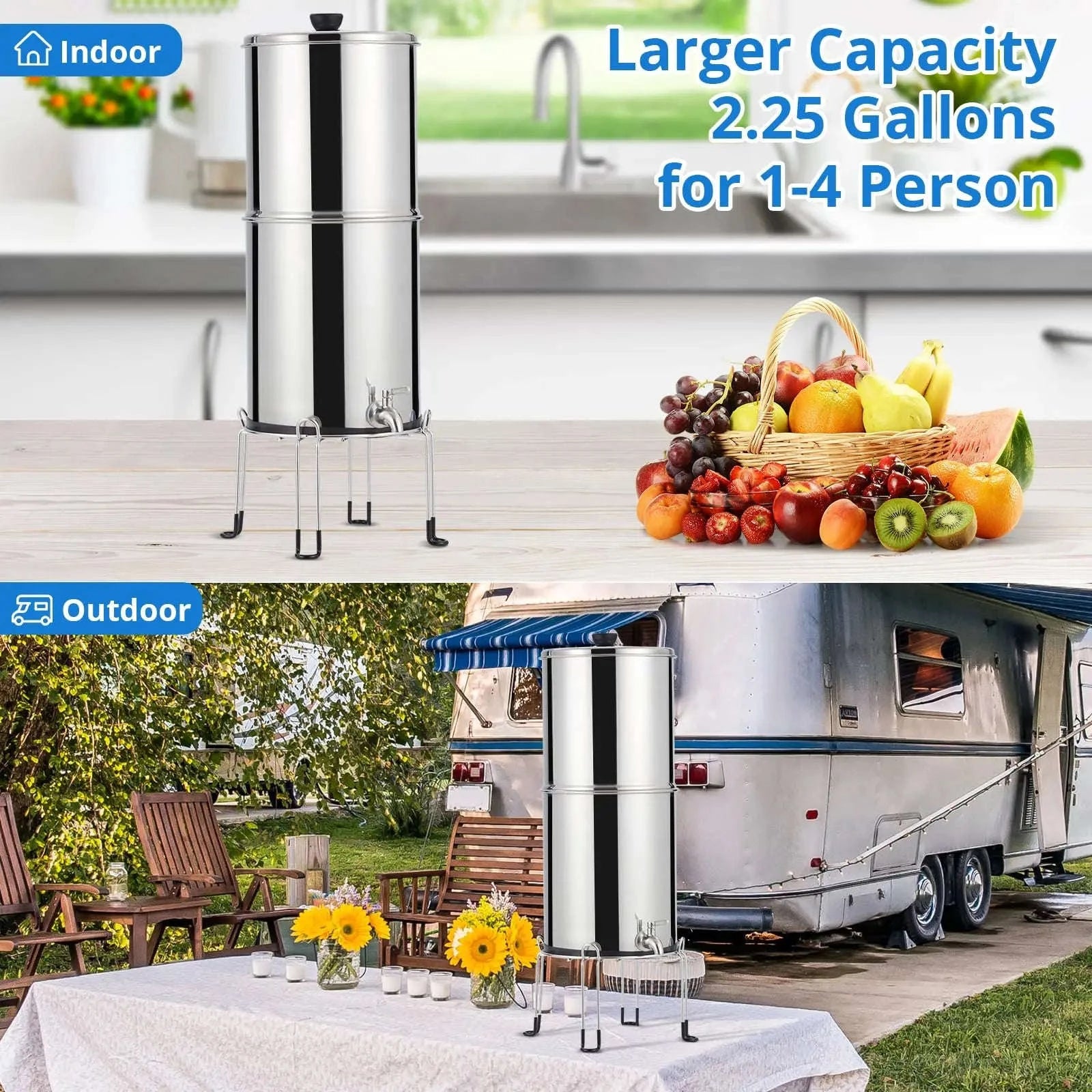 304 Stainless Steel Water Filter System with 2 Carbon Filters, 2.25 Gallon-Silver / United States